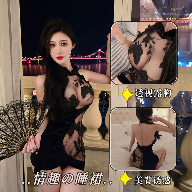 【A-1824-2】情趣內衣新中式復古蕾絲刺繡透視包臀旗袍裙純欲誘惑女睡衣睡裙