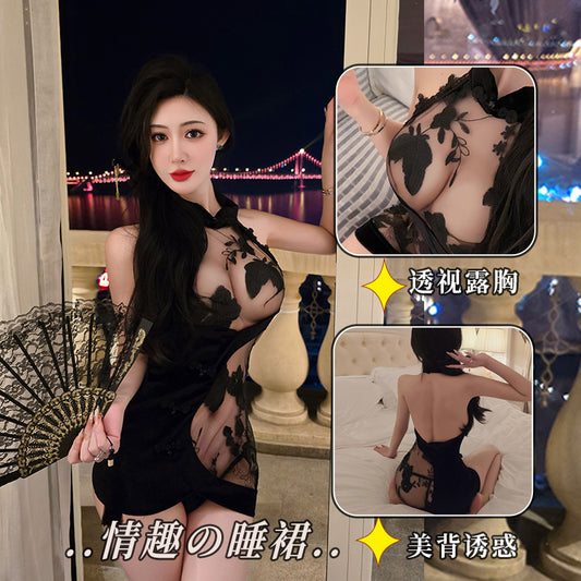 【A-1824-2】情趣內衣新中式復古蕾絲刺繡透視包臀旗袍裙純欲誘惑女睡衣睡裙