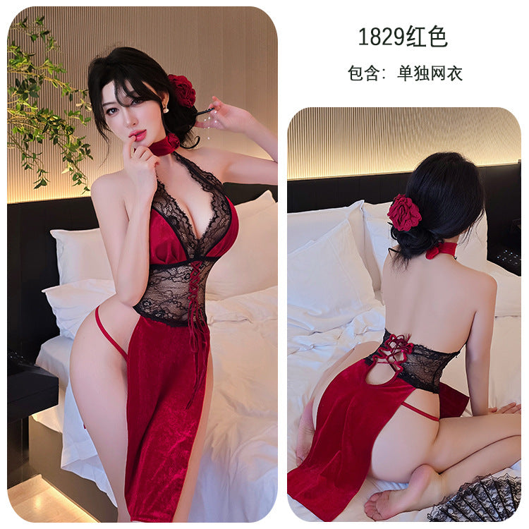 A-1829-1情趣內衣蕾絲透視性感睡衣深V修身旗袍制服誘惑女睡衣睡裙