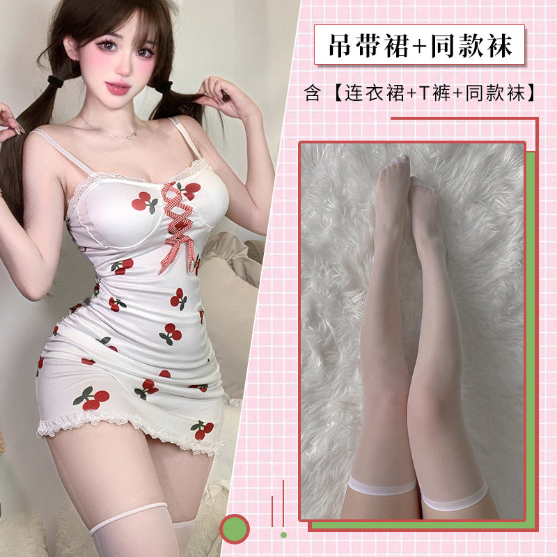 BS8591-性感情趣內衣純欲蕾絲柔紗透視可愛甜美櫻桃綁帶睡裙短裙套裝女睡衣