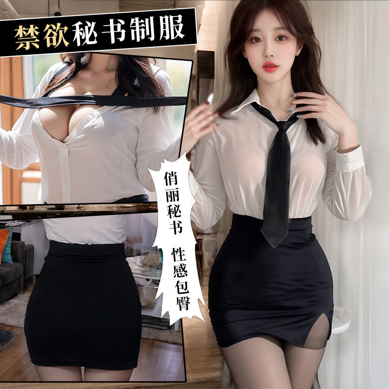 BT1042-2-性感風情誘惑秘書情趣內衣女制服性感露溝純欲大碼包臀裙免脫套裝