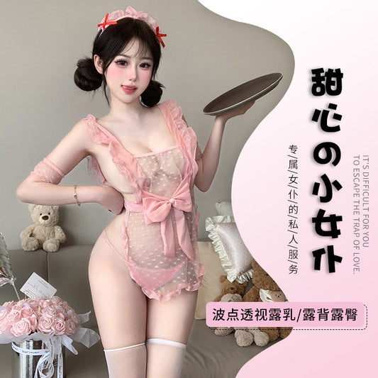 BT8574-情趣內衣波點蕾絲吊帶女僕制服誘惑免脫薄款透視女傭露背套裝女睡衣睡裙