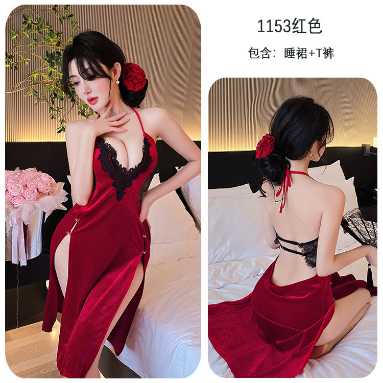 【A-1153】情趣內衣性感吊帶復古絲絨長開衩女王長裙連衣裙制服女睡衣睡裙