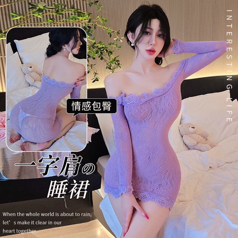 【A-1563】情趣內衣網紅連衣裙紫色長袖性感內衣包臀裙純欲風女睡衣睡裙