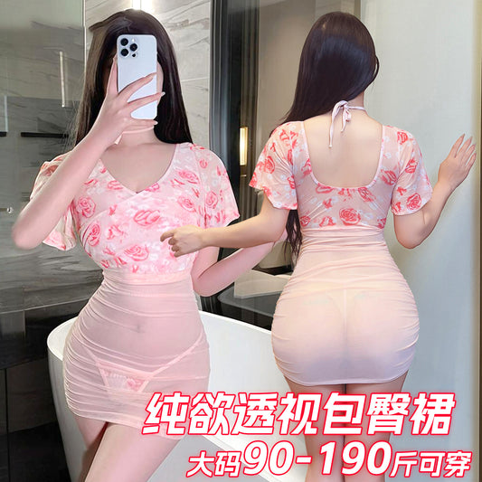 CS548-大碼情趣內衣性感透視深V玫瑰輕紗包臀裙純欲風禁欲系情調睡衣女睡衣睡裙