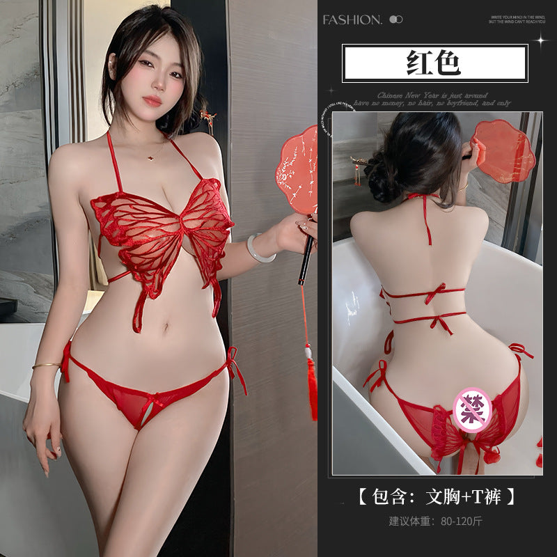 BS8548-性感內衣情趣內衣女性感透視純欲可愛蝴蝶系帶網紗三點式裝女睡衣睡裙