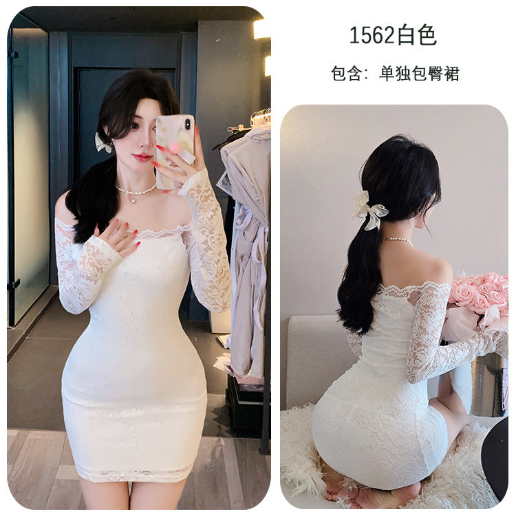 【A-1562】情趣內衣純欲風蕾絲氣質一字肩連衣裙性感緊身包臀裙女睡衣睡裙