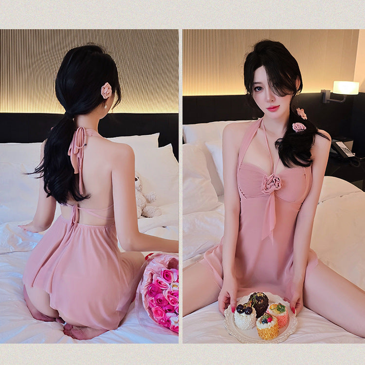 【A-1109】情趣內衣性感睡衣純欲風掛脖吊帶裙透視玫瑰花睡裙女睡衣睡裙