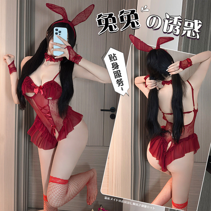 BT8584-性感角色扮演開檔兔女郎制服套裝女式蕾絲鏤空情趣內衣女睡衣睡裙
