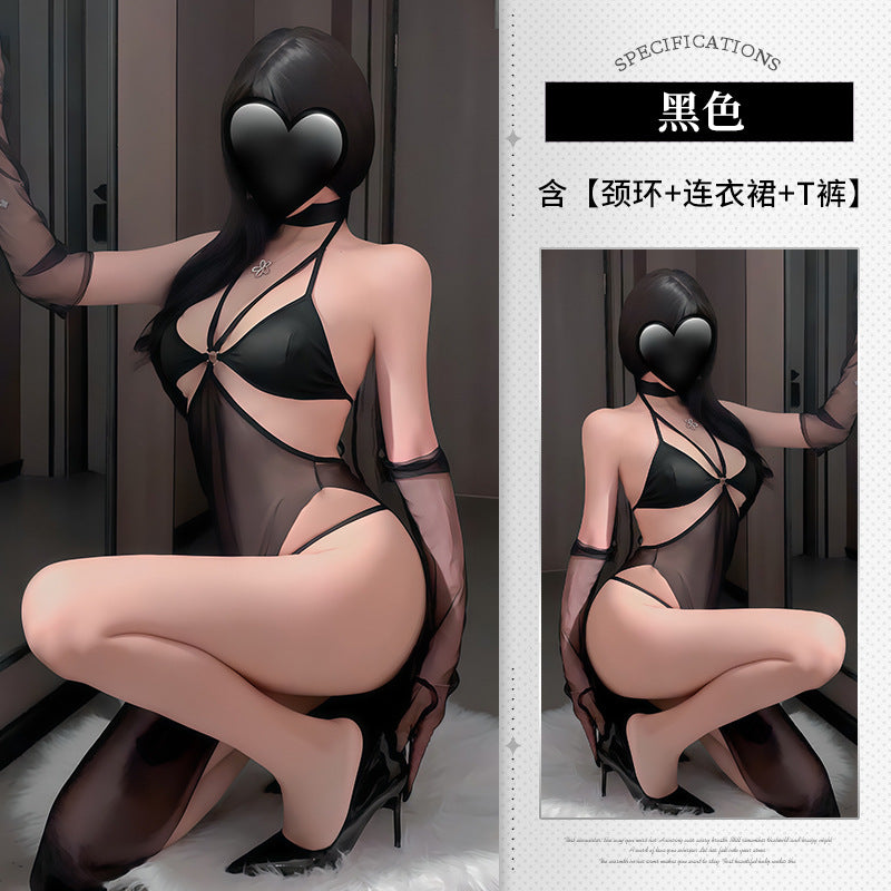 BS8376-性感純欲鏤空吊帶氣質露背掛脖高級感修身連衣睡裙套裝女睡衣睡裙