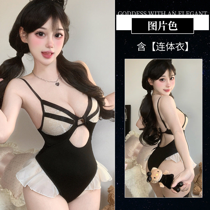 BT2950-萌兔開襠連體衣免脫套裝情趣內衣可愛花邊性感露胸裸臀女郎女睡衣睡裙