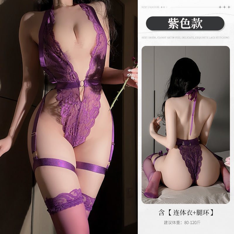 BS2107-性感內衣情趣內衣紫色誘惑純欲蕾絲綁帶深V連體性感掛脖床上套裝女睡衣睡裙