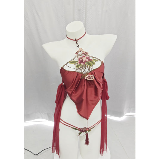 【A-2402】性感內衣情趣古風牡丹刺繡掛脖肚兜系帶鏤空制服套裝女睡衣睡裙