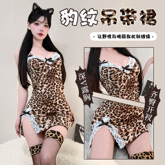 BT8375-性感豹紋情趣內衣女睡裙開衩露胸純欲蕾絲睡衣免脫套裝女睡衣睡裙