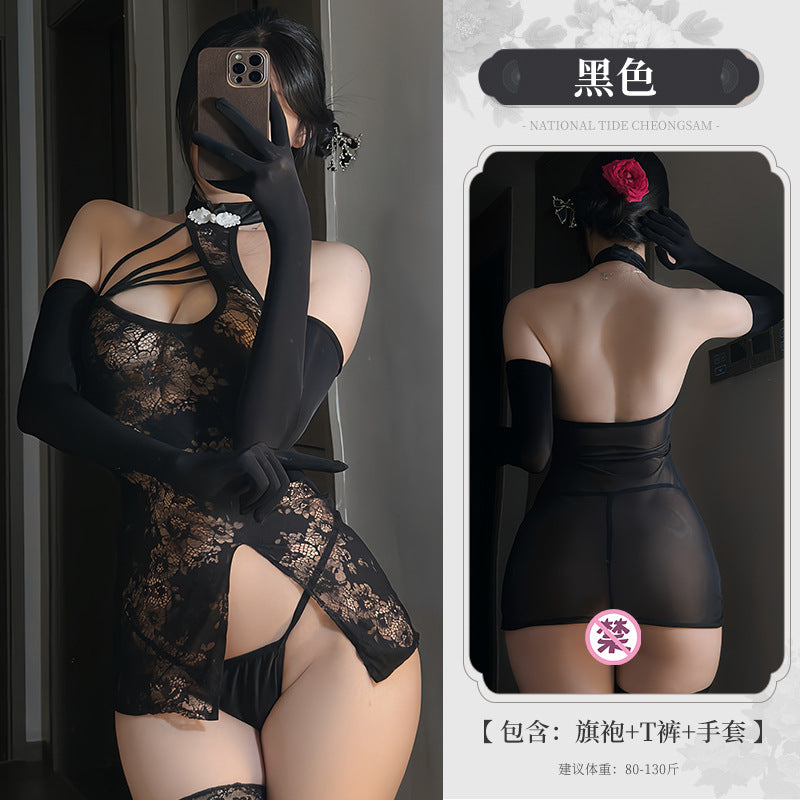 BT2155-性感純欲蕾絲旗袍制服情趣內衣側邊綁帶透視睡裙免脫套裝女睡衣睡裙