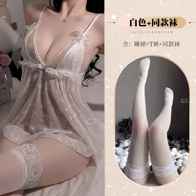 BS2112-性感內衣情趣吊帶睡裙珍珠開襠透明誘惑性感免脫內衣女睡衣睡裙