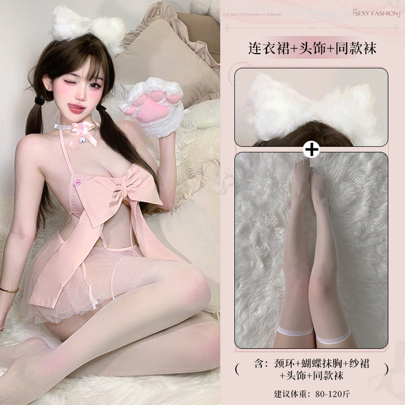BS8236-性感情趣內衣粉色蝴蝶結三點式純欲誘惑拼接網紗透視套裝女睡衣睡裙