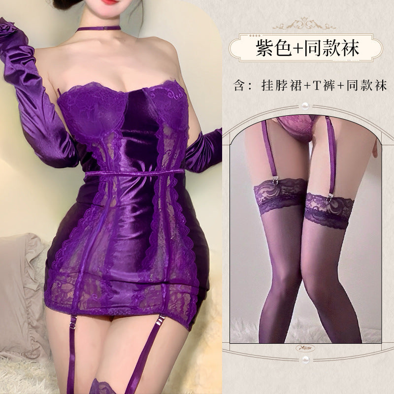 BS8118-情趣內衣性感內衣純欲誘惑性感蕾絲拼接紫色連體衣免脫套裝女睡衣睡裙
