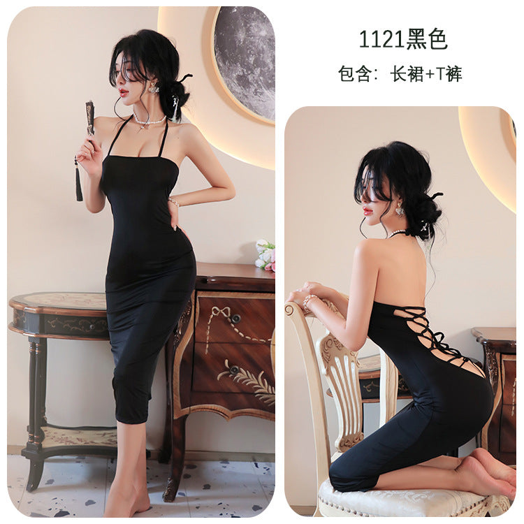 【A-1121】性感內衣情趣內衣誘惑長裙掛脖系帶睡衣火辣夜店制服女睡衣女睡裙