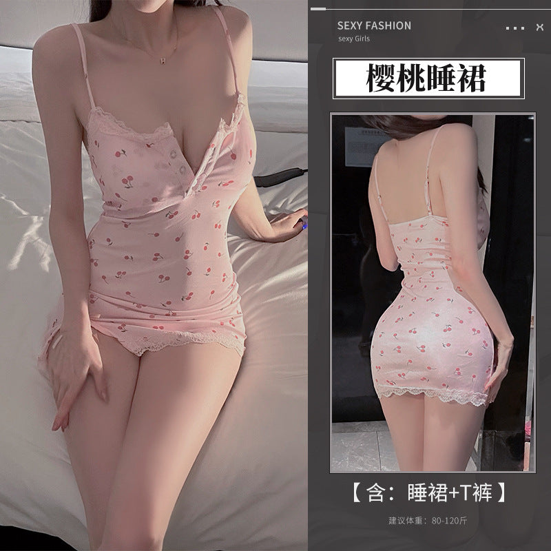 BS8239-性感內衣純欲少女情趣內衣粉色櫻桃蕾絲性感吊帶緊身免脫連衣睡裙套裝睡衣