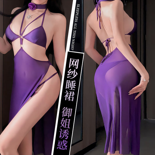 BS8376-性感純欲鏤空吊帶氣質露背掛脖高級感修身連衣睡裙套裝女睡衣睡裙