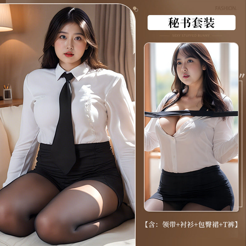 BT1042-2-性感風情誘惑秘書情趣內衣女制服性感露溝純欲大碼包臀裙免脫套裝