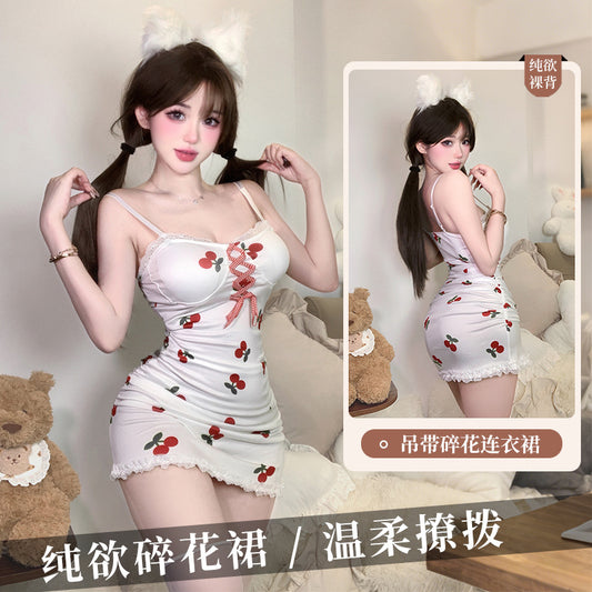 BS8591-性感情趣內衣純欲蕾絲柔紗透視可愛甜美櫻桃綁帶睡裙短裙套裝女睡衣
