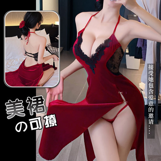 【A-1153】情趣內衣性感吊帶復古絲絨長開衩女王長裙連衣裙制服女睡衣睡裙