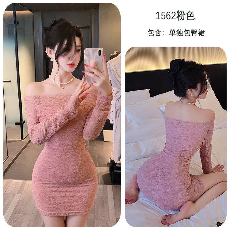 【A-1562】情趣內衣純欲風蕾絲氣質一字肩連衣裙性感緊身包臀裙女睡衣睡裙