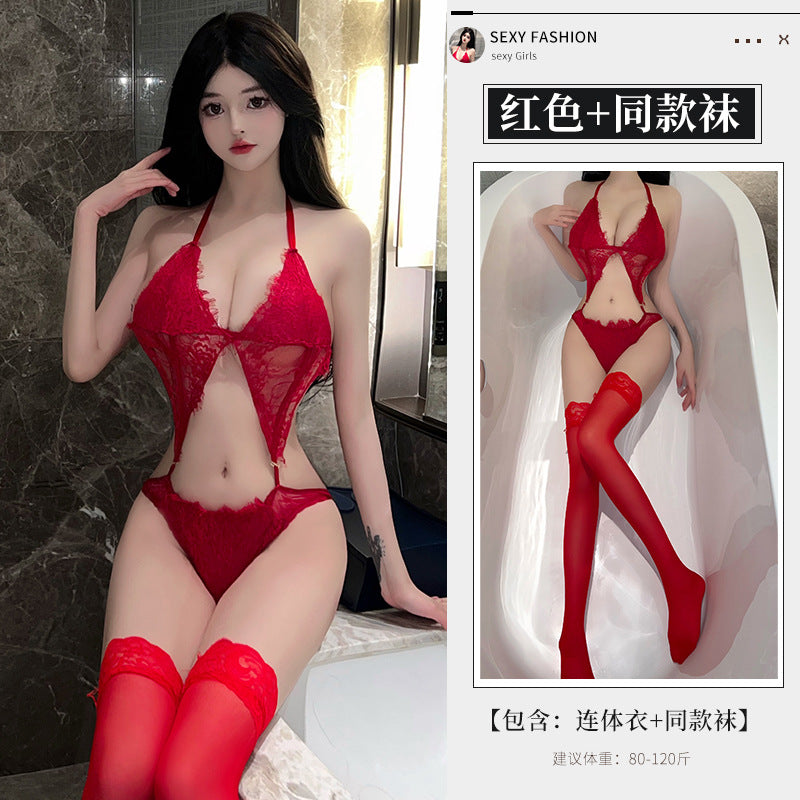 BS8307-性感內衣情趣內衣女性感鏤空露乳掛脖蕾絲誘惑透視連體睡衣睡裙