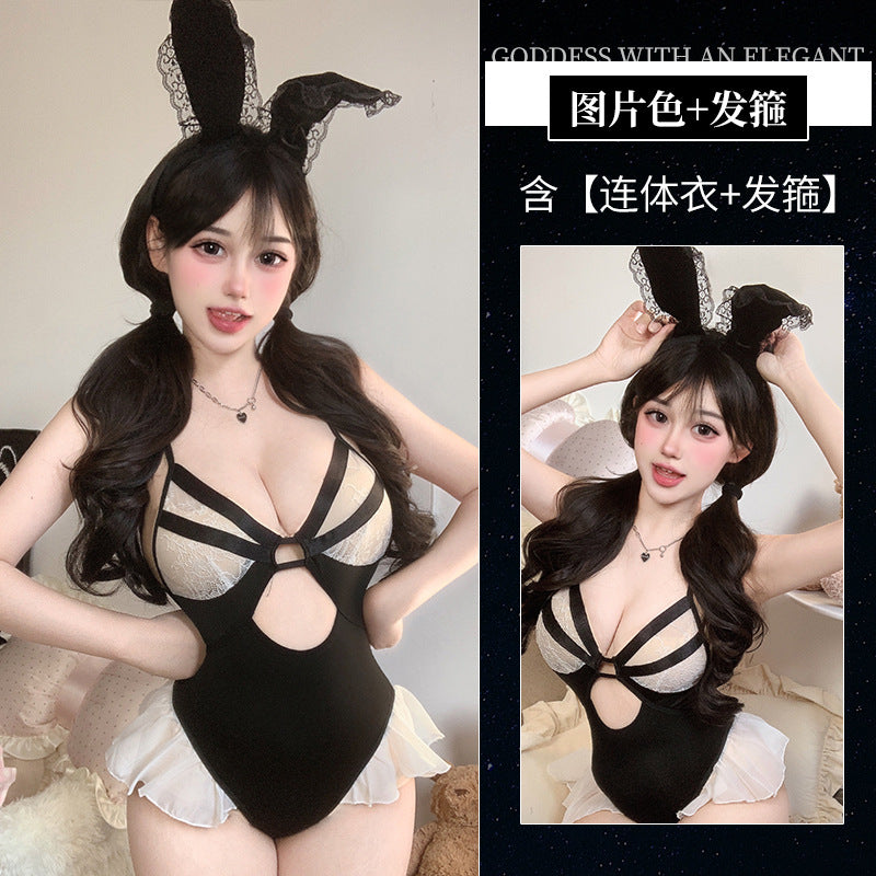 BT2950-萌兔開襠連體衣免脫套裝情趣內衣可愛花邊性感露胸裸臀女郎女睡衣睡裙