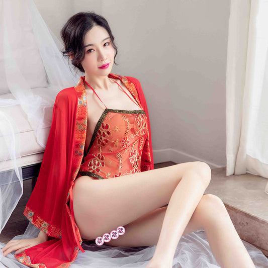 【組合款】唐裝外套配肚兜古典美女紅色透視肚兜情趣性感刺繡古裝
