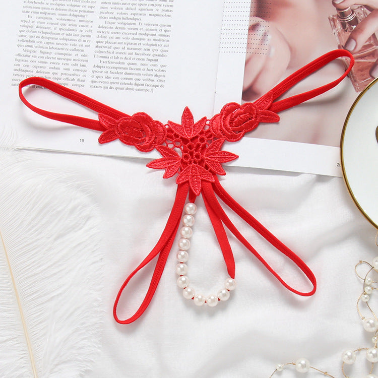 CE3045-情趣內褲立體珍珠女士水溶花丁字褲低腰性感透視T褲