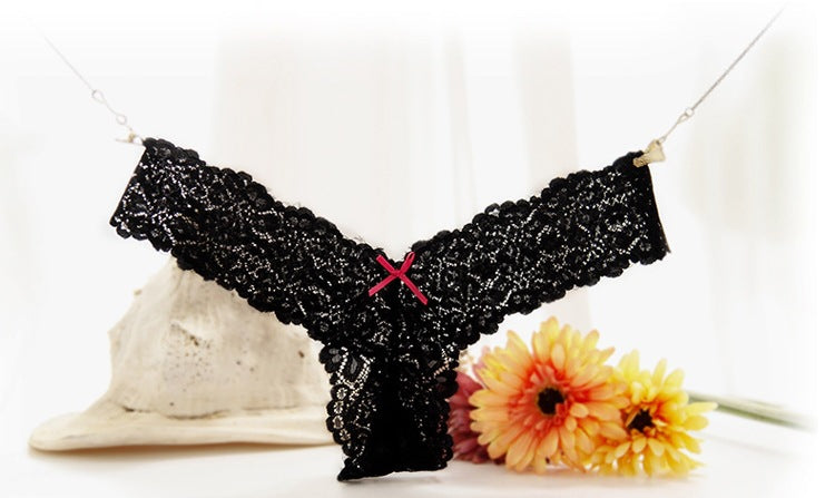 CE3048-純蕾絲性感內褲女蝴蝶結低腰女士內褲誘惑丁字褲透明T褲