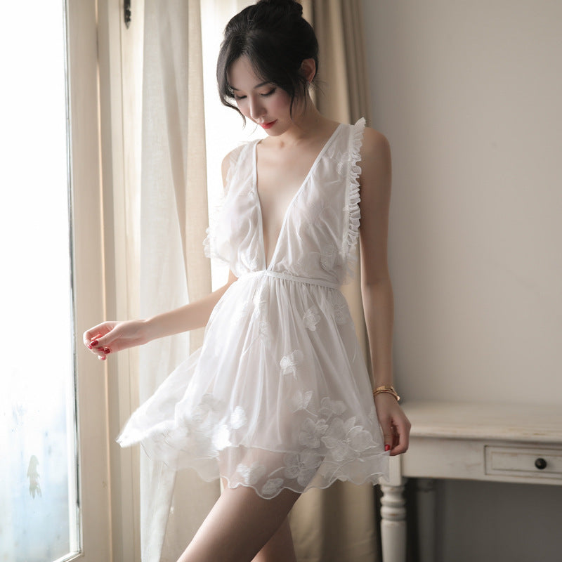 【A-1094】新款情趣內衣蝴蝶刺繡花女性感睡裙清新誘惑套裝代發
