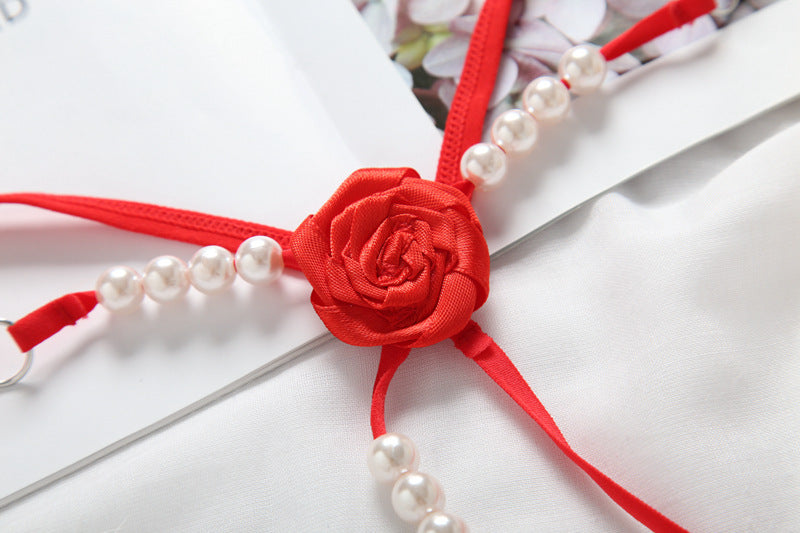 CE3059-玫瑰花內褲性感透明低腰開檔珍珠按摩丁字褲火辣鏤空