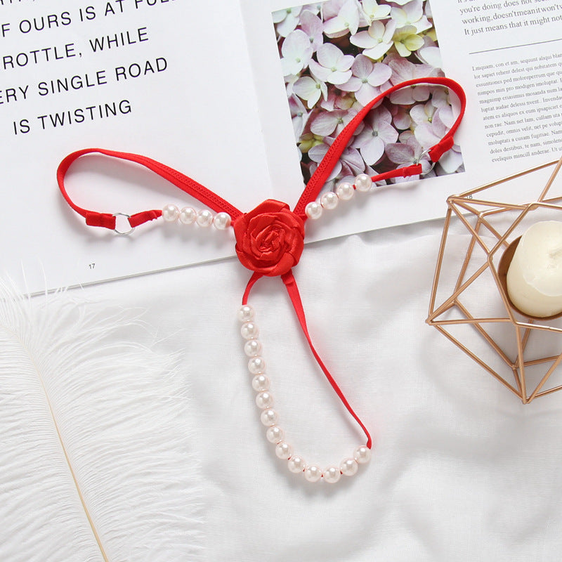 CE3059-玫瑰花內褲性感透明低腰開檔珍珠按摩丁字褲火辣鏤空