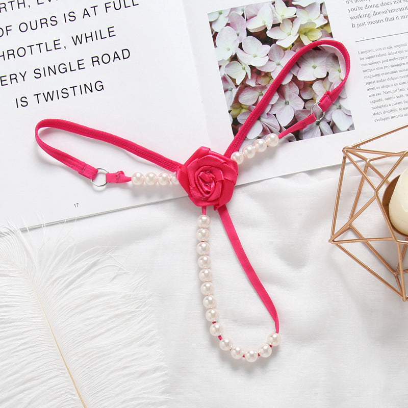 CE3059-玫瑰花內褲性感透明低腰開檔珍珠按摩丁字褲火辣鏤空