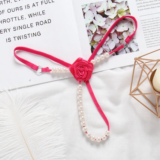 CE3059-玫瑰花內褲性感透明低腰開檔珍珠按摩丁字褲火辣鏤空