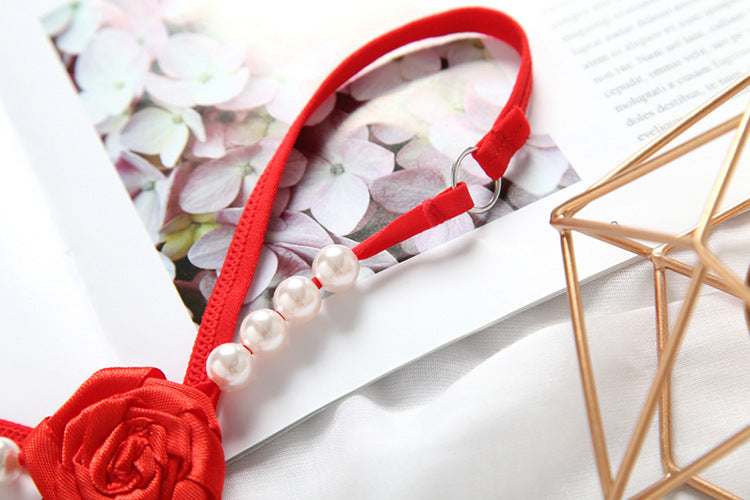 CE3059-玫瑰花內褲性感透明低腰開檔珍珠按摩丁字褲火辣鏤空