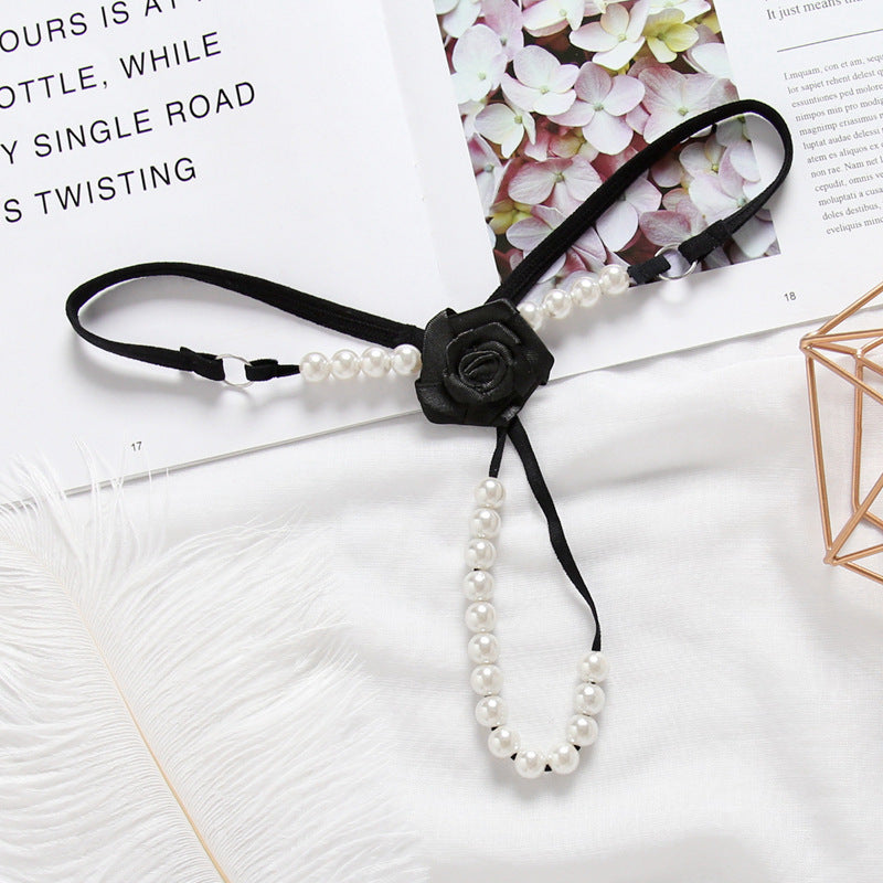 CE3059-玫瑰花內褲性感透明低腰開檔珍珠按摩丁字褲火辣鏤空