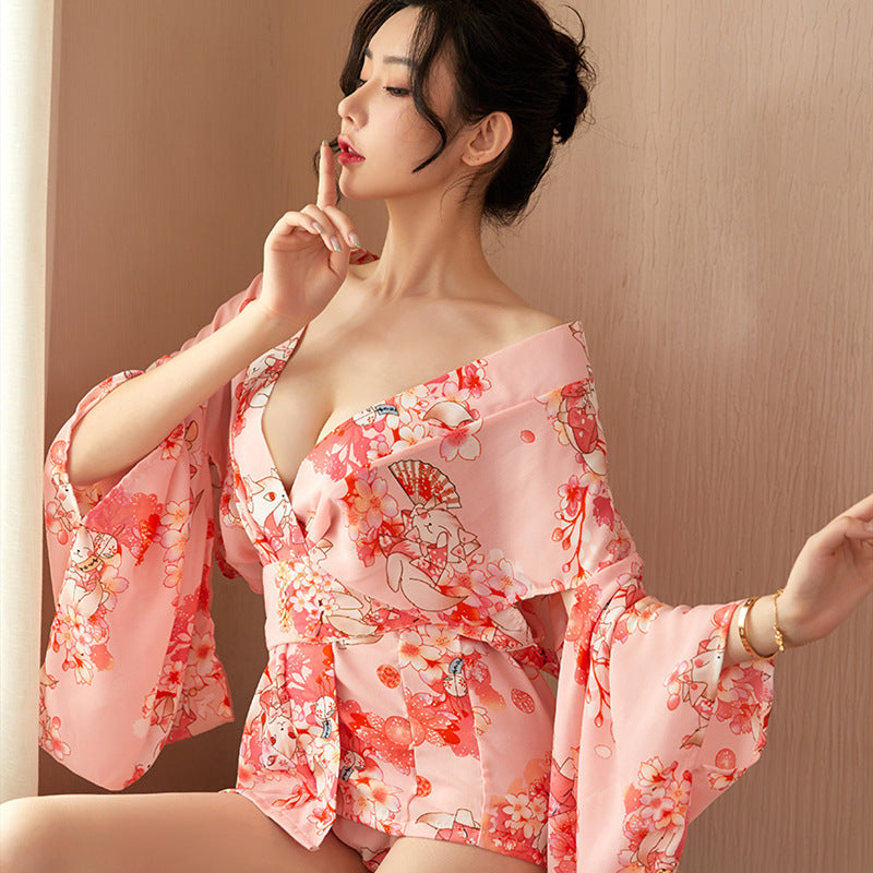 【A-1217】情趣內衣復古印花和服鏤空衣袖性感束腰激情制服誘惑