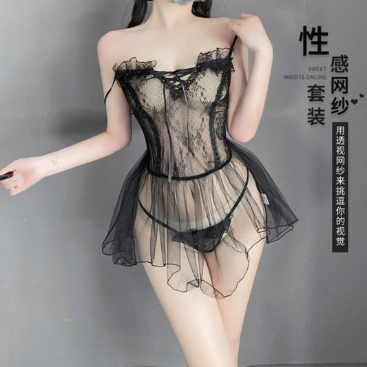 BS9151-情趣內衣性感蕾絲透視蝴蝶結免脫吊帶睡裙套裝