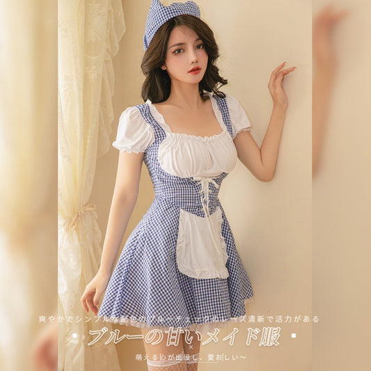 BT2449-情趣內衣甜美藍格女傭女僕裝系帶連衣裙制服
