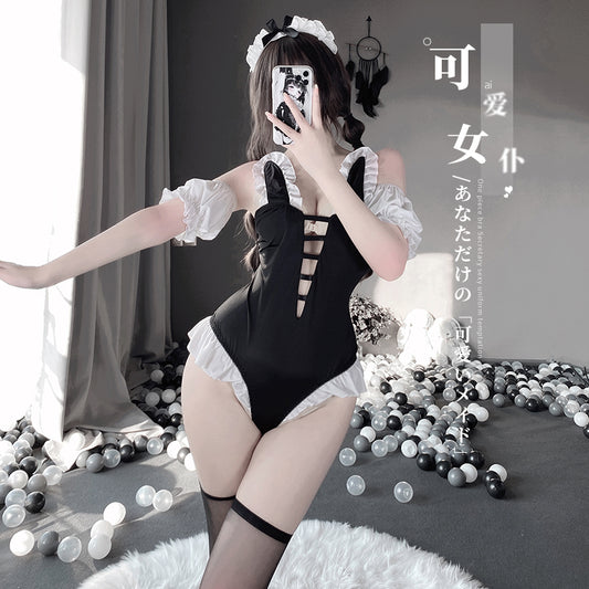 BT2522-情趣內衣制服誘惑黑白女僕裝三點式激情透明蕾絲火辣綁帶女傭睡裙