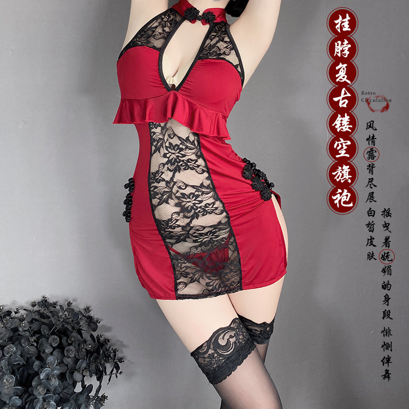 BT9153-情趣內衣復古鏤空透視印花旗袍制服套裝