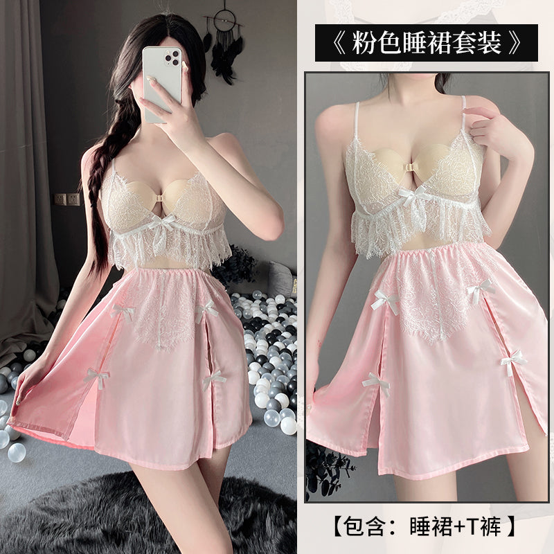 BS2561-新款女網紅吊帶裙性感深v蕾絲拼接緞面睡衣家居服套裝