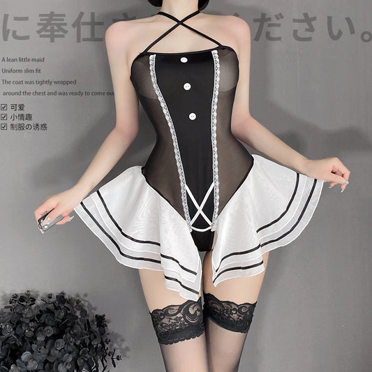 BT2586-情趣內衣女僕女傭透視連體蕾絲誘惑套裝性感掛脖短裙