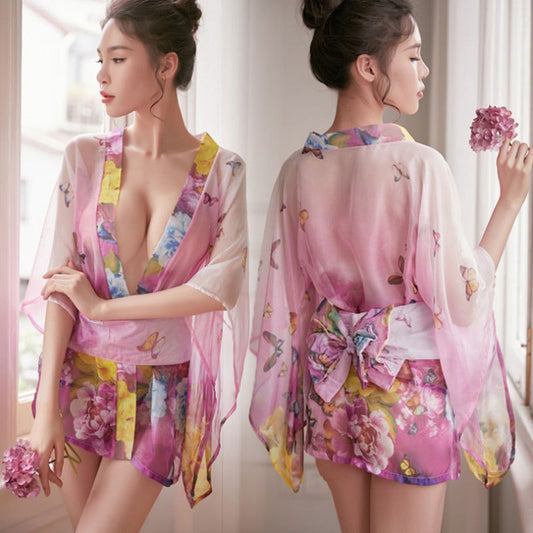 BT2213-情趣內衣透明蕾絲日式和服低胸網紗誘惑復古性感睡衣