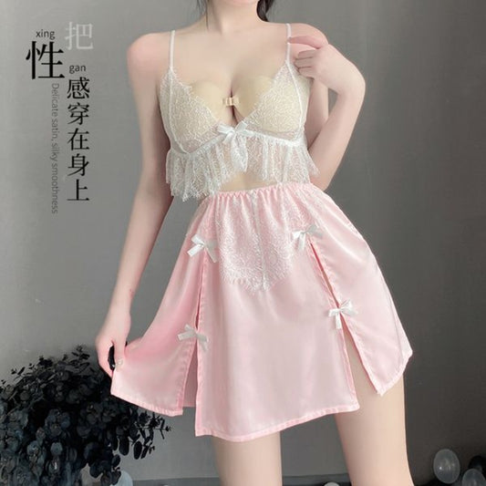 BS2561-新款女網紅吊帶裙性感深v蕾絲拼接緞面睡衣家居服套裝